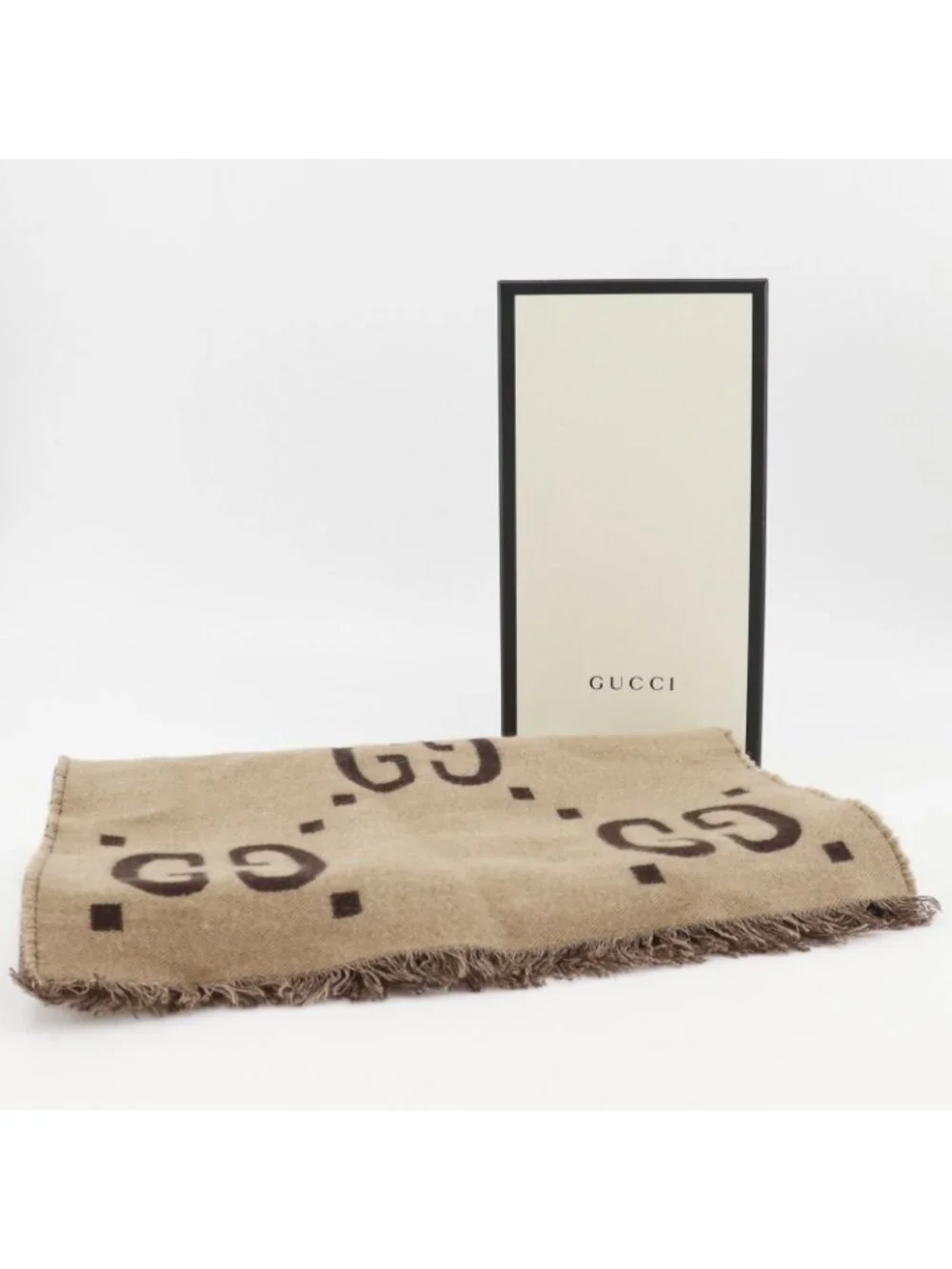 Gucci GG Jacquard Wool Silk Beige Scarf